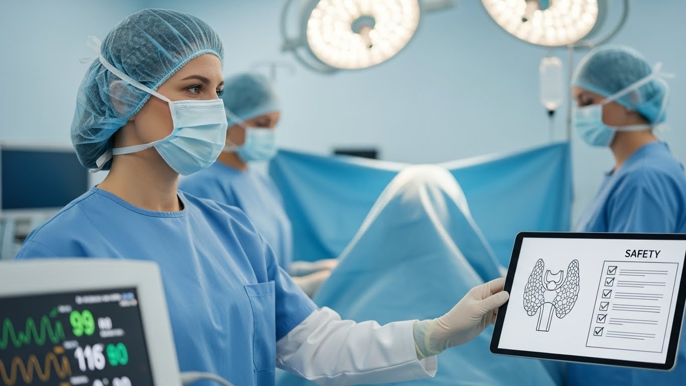 Anestesista monitorando sinais vitais durante cirurgia da tireoide (tireoidectomia).