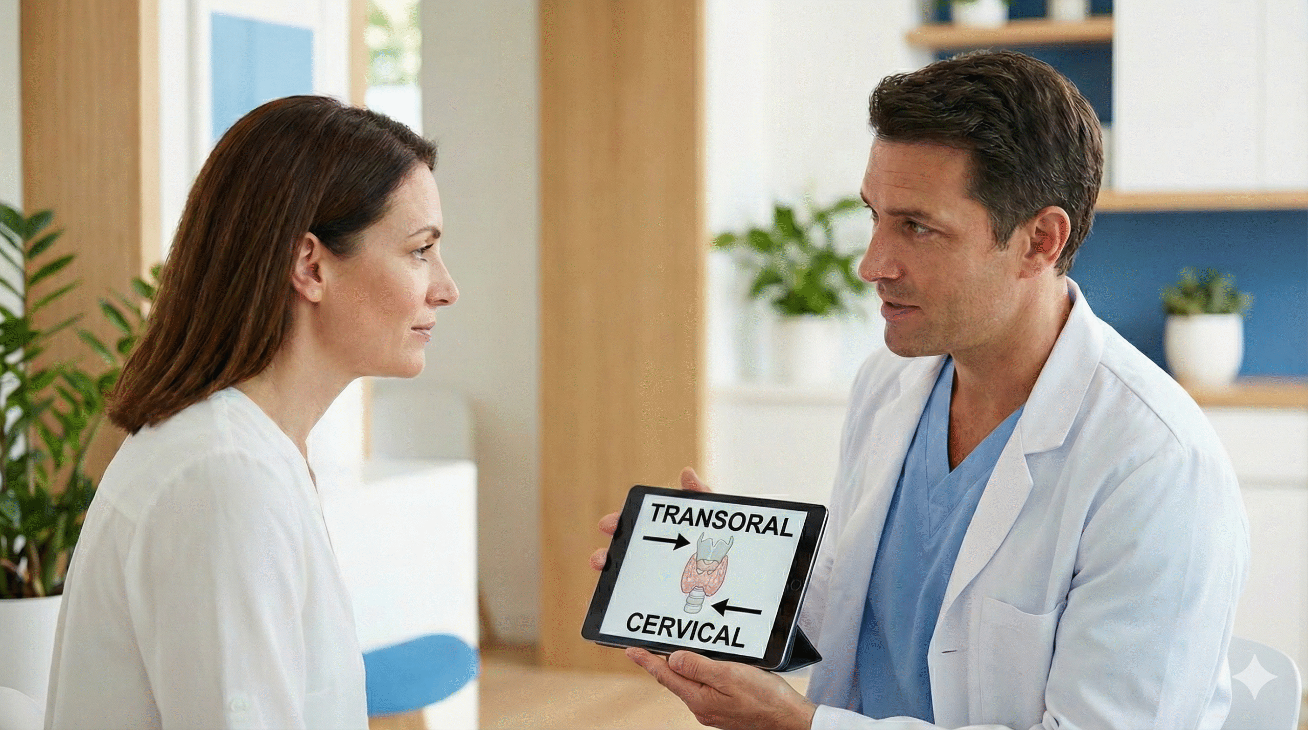 Médico explicando cirurgia transoral na tireoide (TOETVA) com ilustração em tablet em consultório.